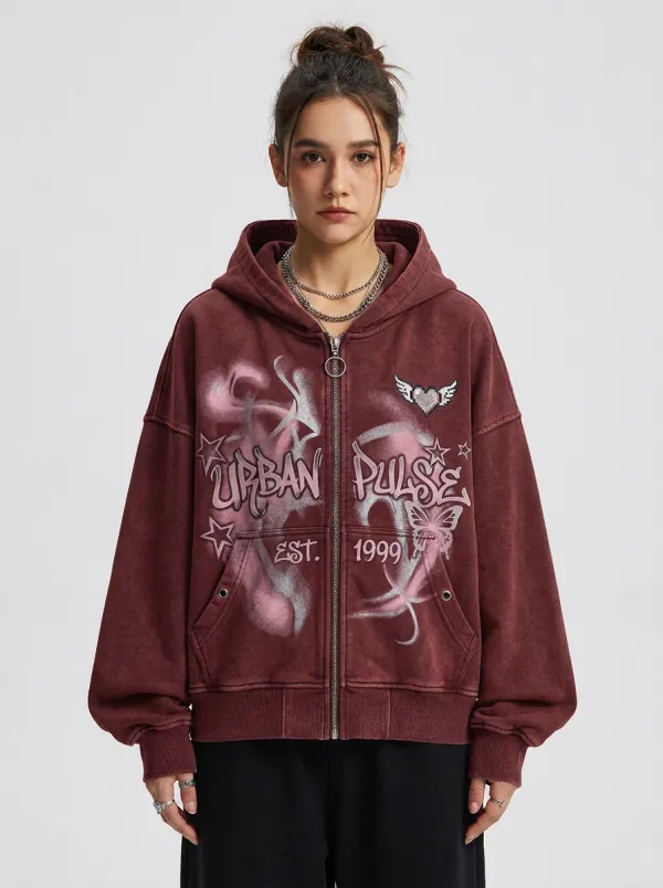 Women's Streetwear Urban Pulse Heart Butterfly Printed Zip-up Hoodie