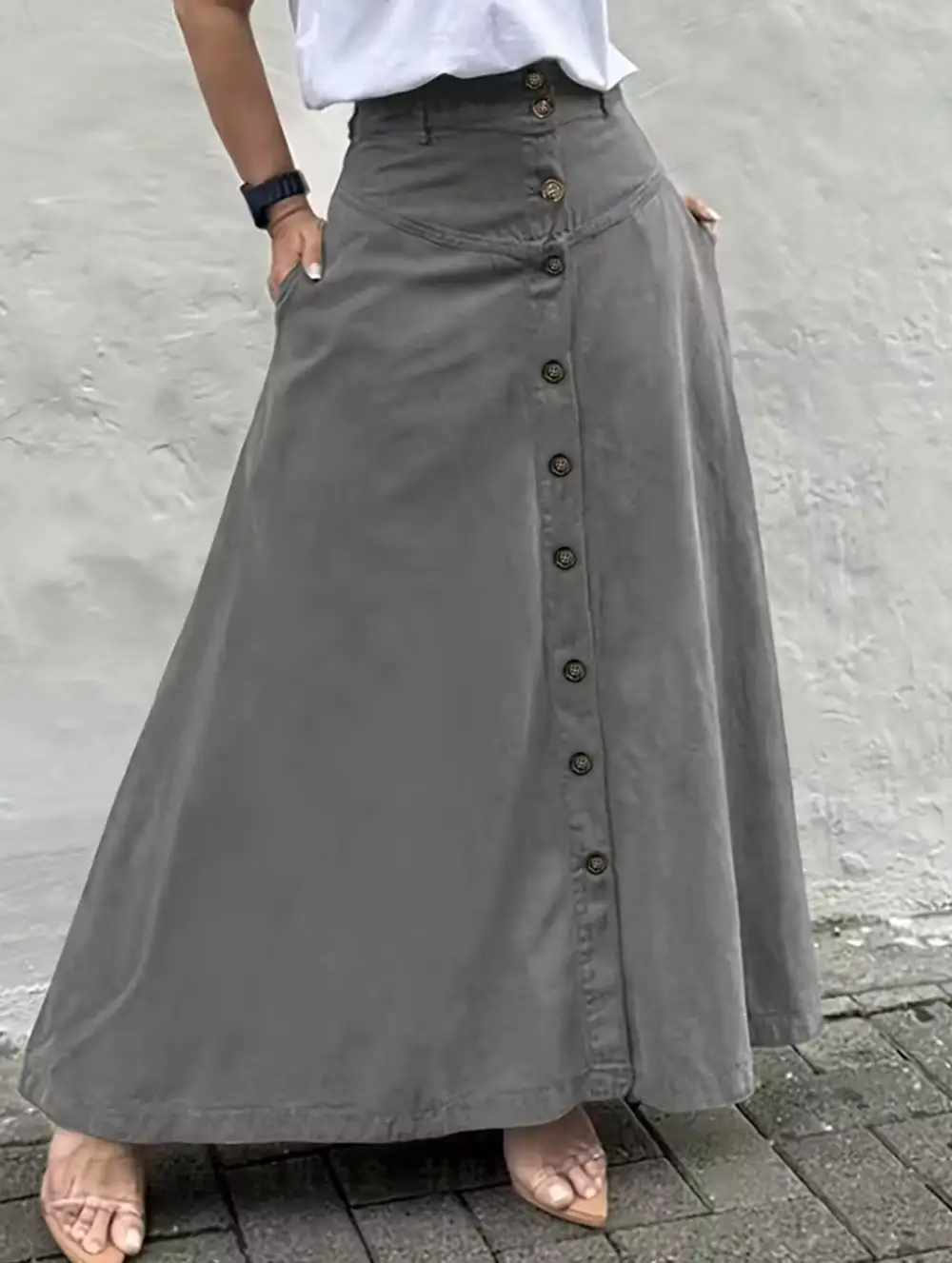 Button Front Slit A-Line Midi Skirt