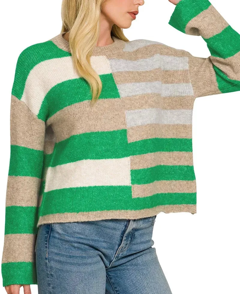 Relaxed Lightweight Wool Blend Color Block Sweater