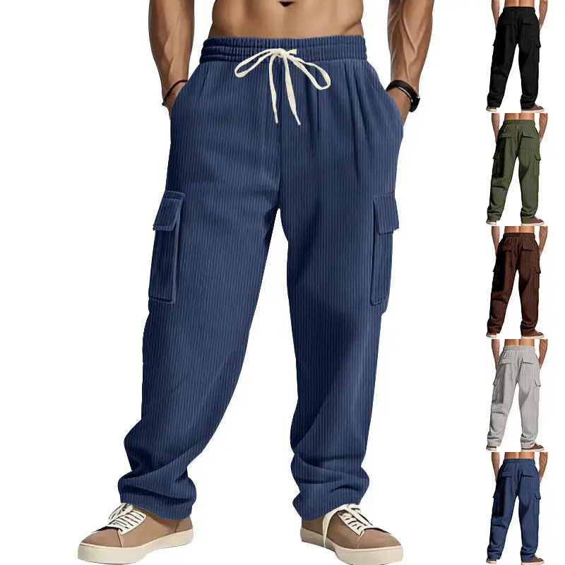 Men's Loose Corduroy Pants with Cargo Pockets and Drawstring Waistband Cargo Pants