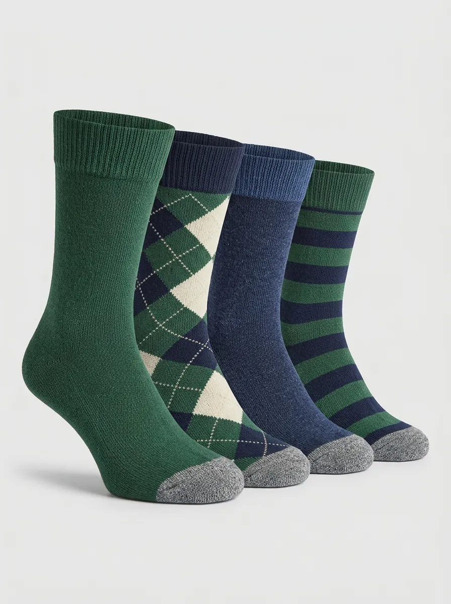 Argyle Striped Heathered Texture Crew Length Men's Crew Socks Four-Pair Pack