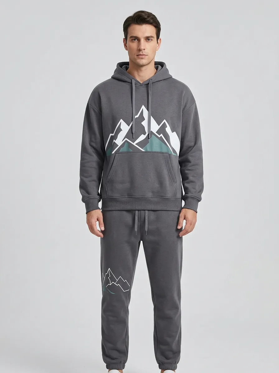 Men's Mountain Graphic Drawstring-Hood Jogger Set
