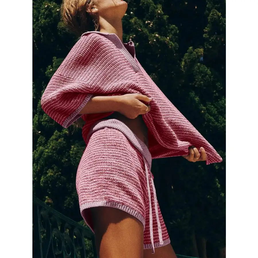 Collared Neck Contrast Striped Top and Shorts Sweater Set