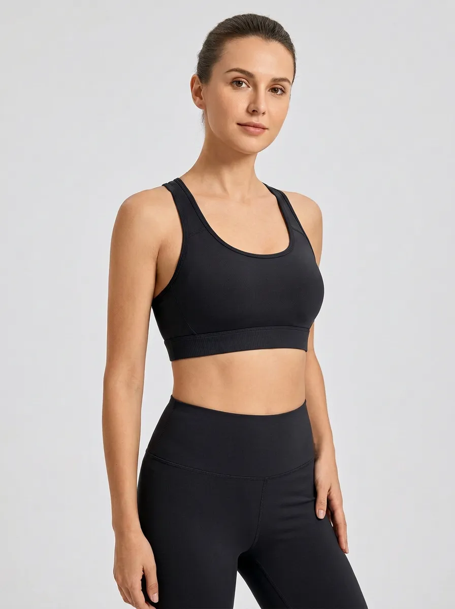 Women's Scoop-Neck Racerback Ribbed Wide-Strap Cropped Sports Bra