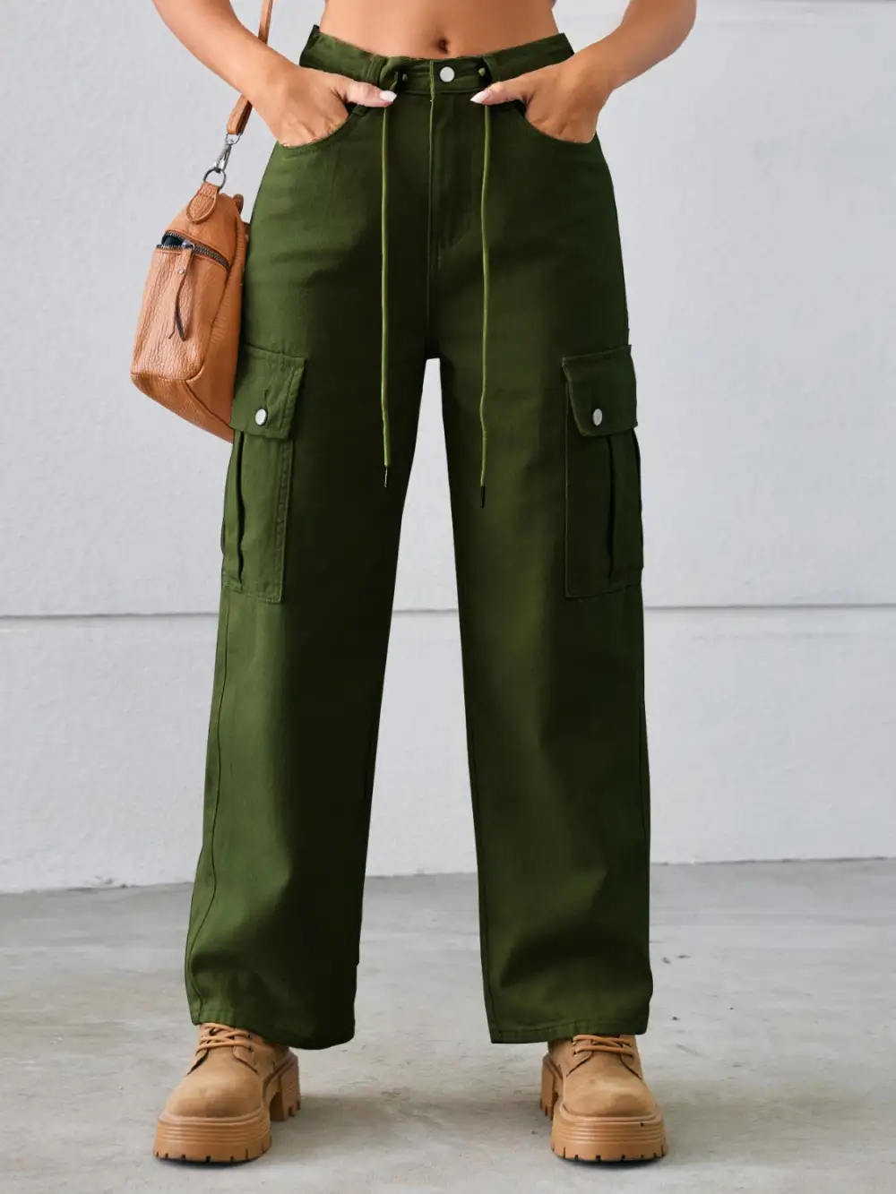 Drawstring Mid Rise Waist Straight Cargo Jeans