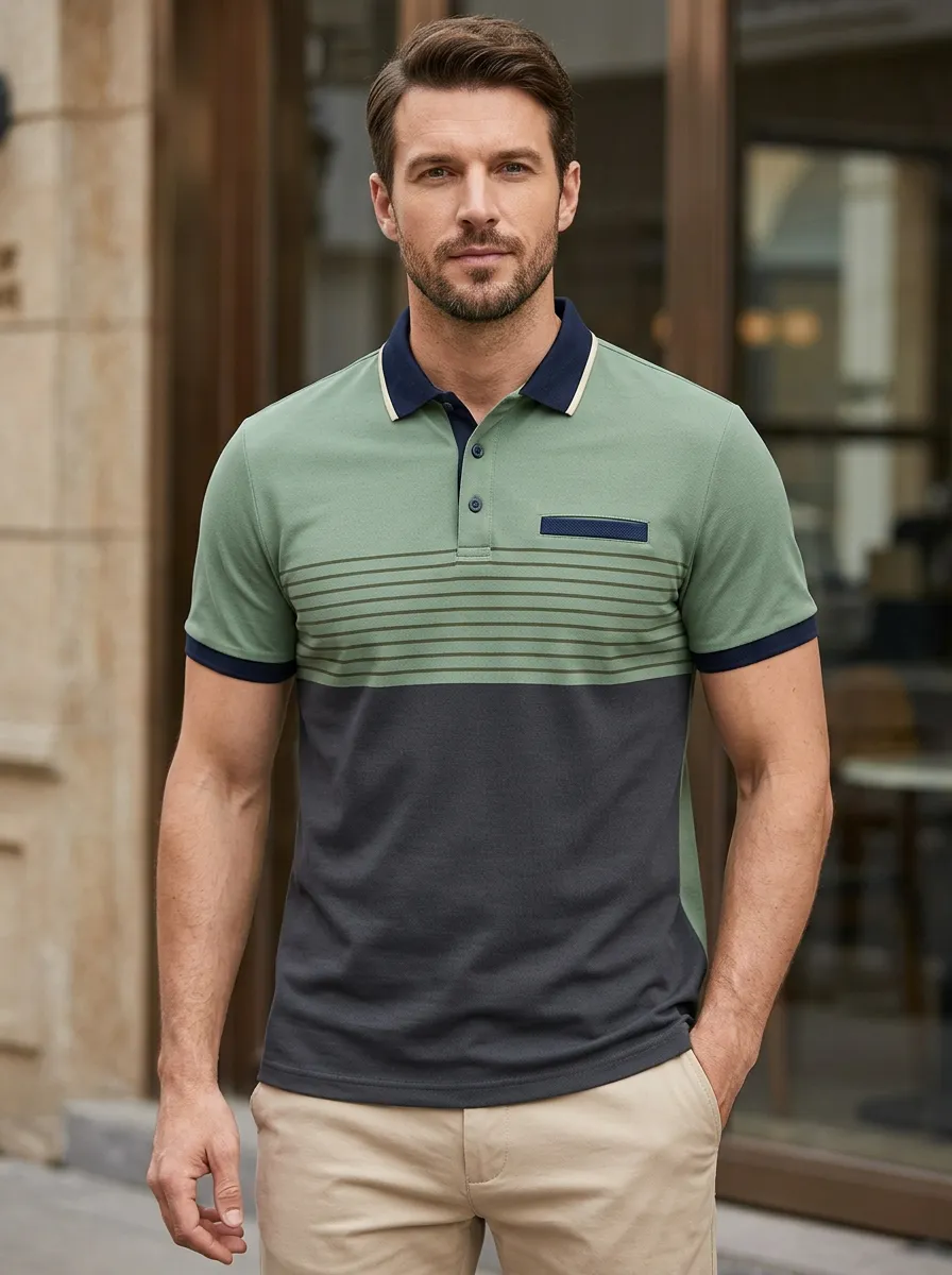 Men's Crafted Detail Colorblock Striped Polo Shirt