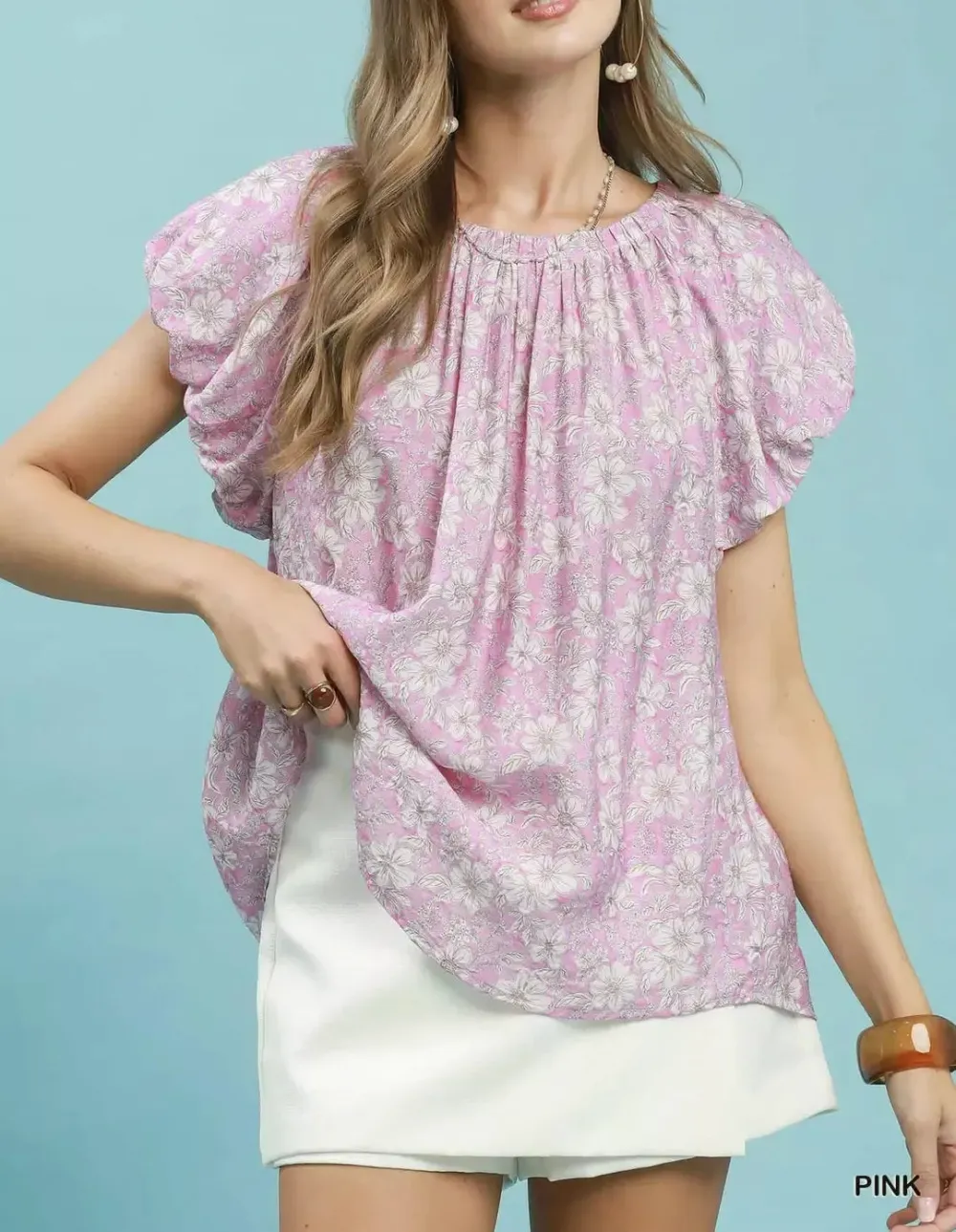 Rayon Floral Print Puff Sleeve Gathered Round Neck Pleat Detail Blouse