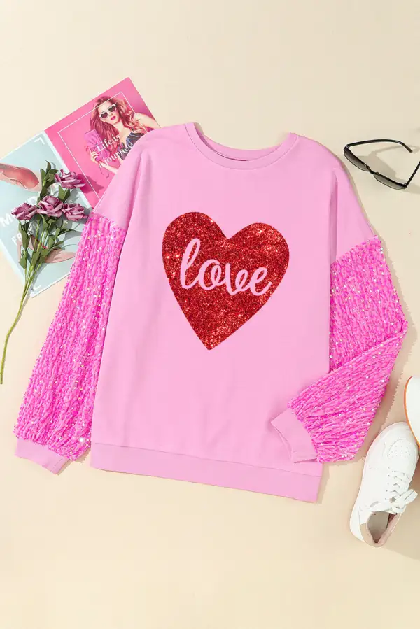Shiny Heart Shape Love Print Sequined Sleeve Top