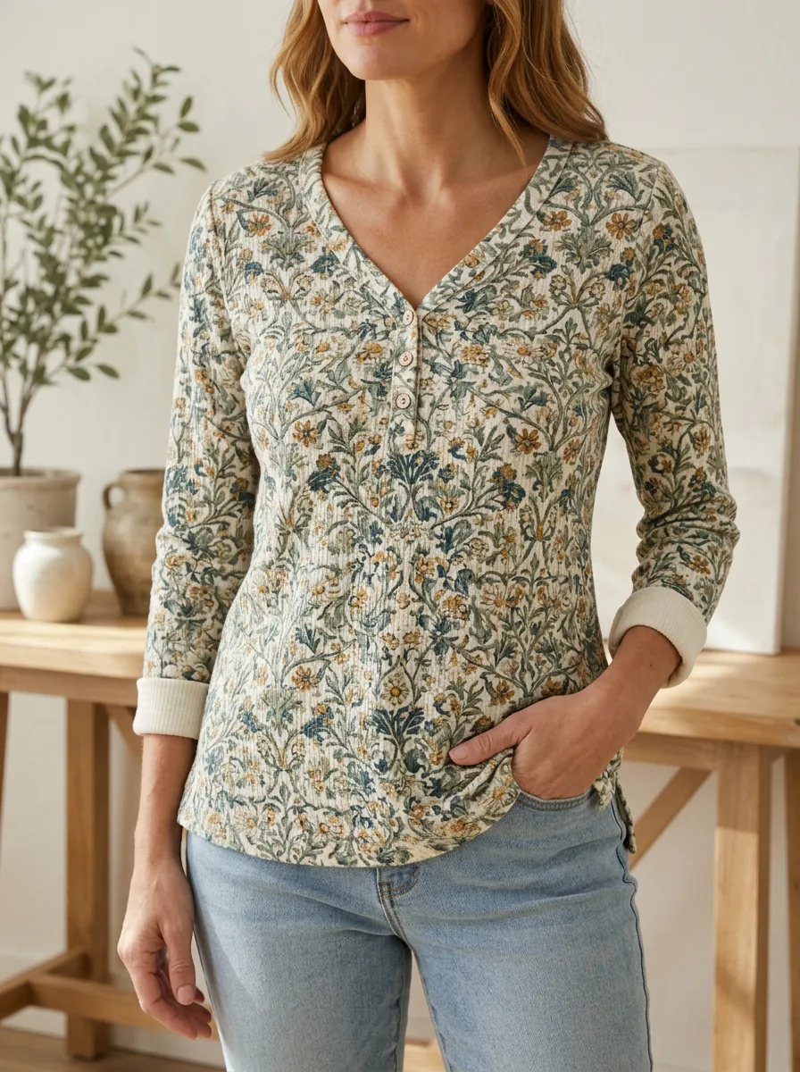 Women's Vintage Floral Botanical Printed Henley Shirt
