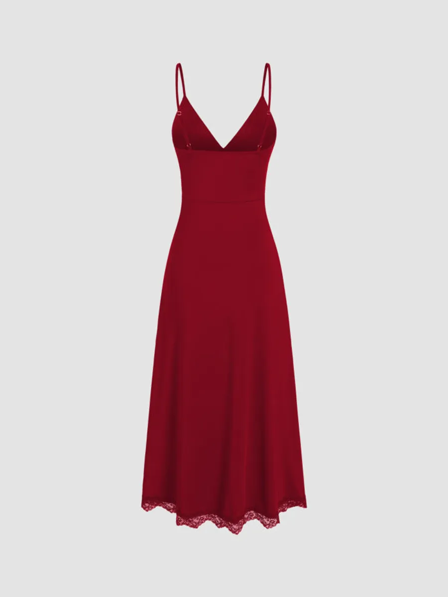 Lace Hem Satin V-Neck Midi Dress