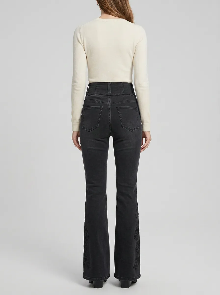 Women's Romantic Floral Embroidered High Rise Flare Jeans