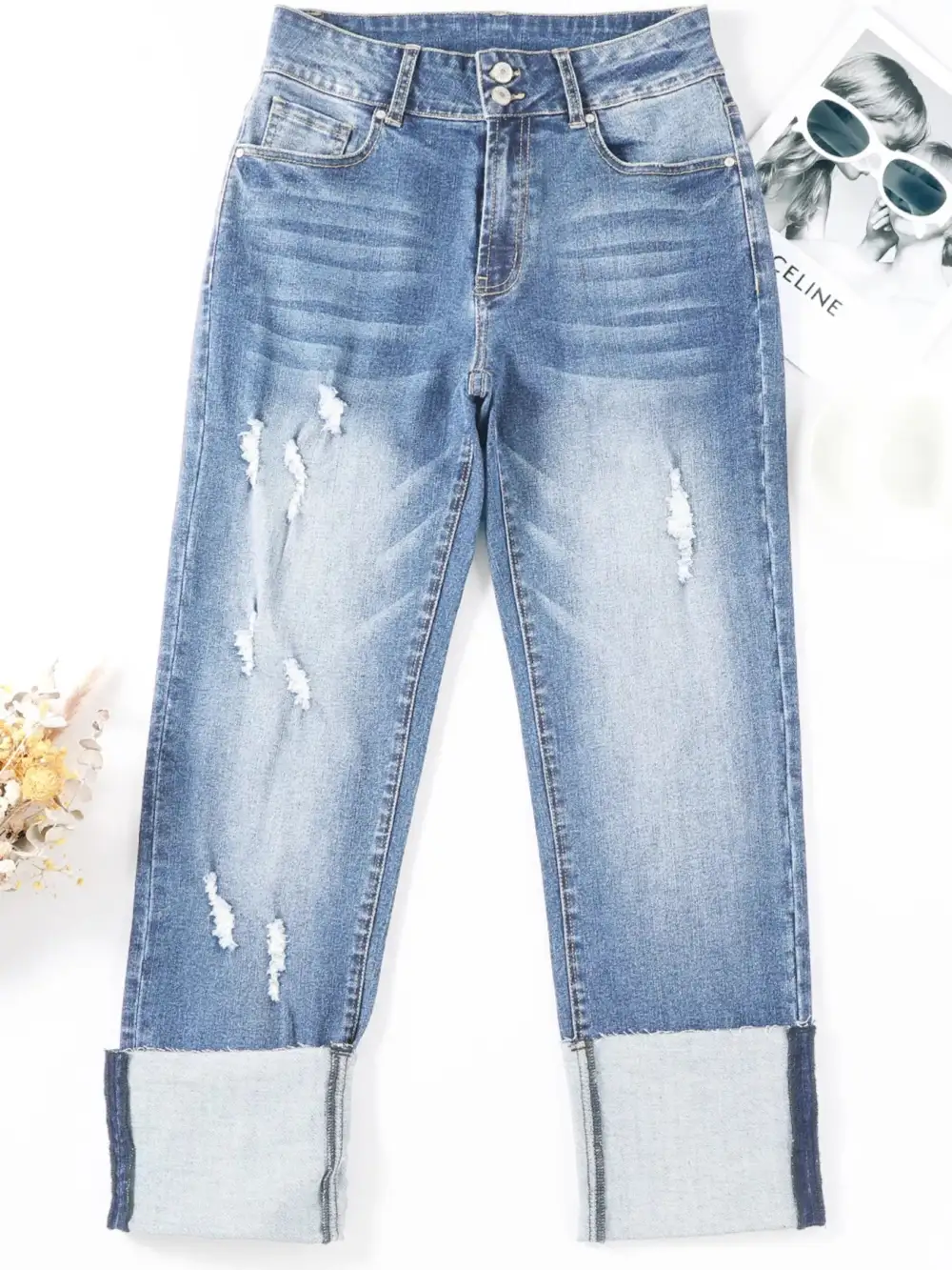 High-Waist Distressed Washed Stretch Straight Leg Jeans