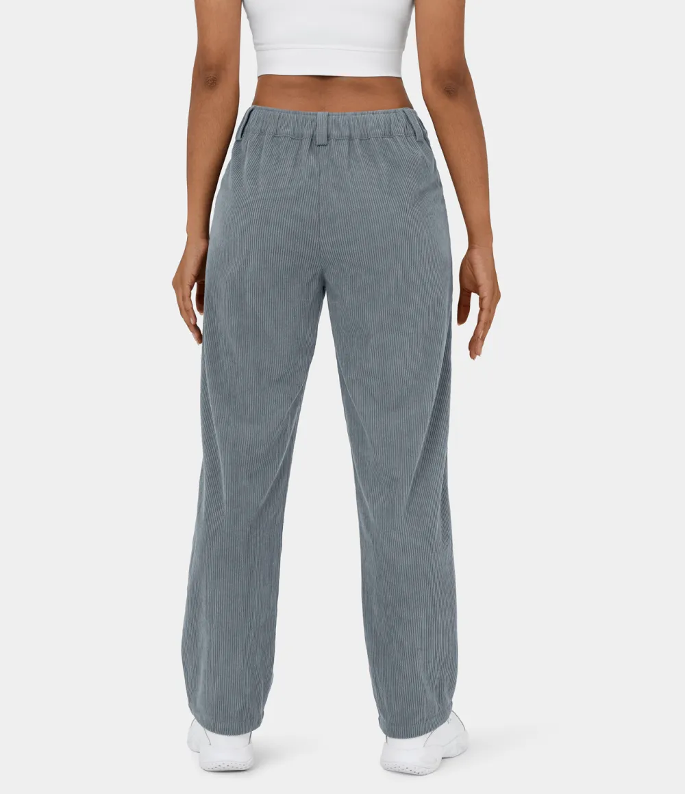 Mid Rise Button Zipper Side Pocket Corduroy Casual Pants