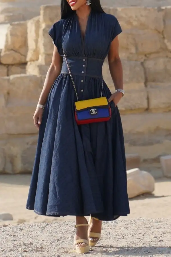 Blue Denim V-Neck Midi Dress