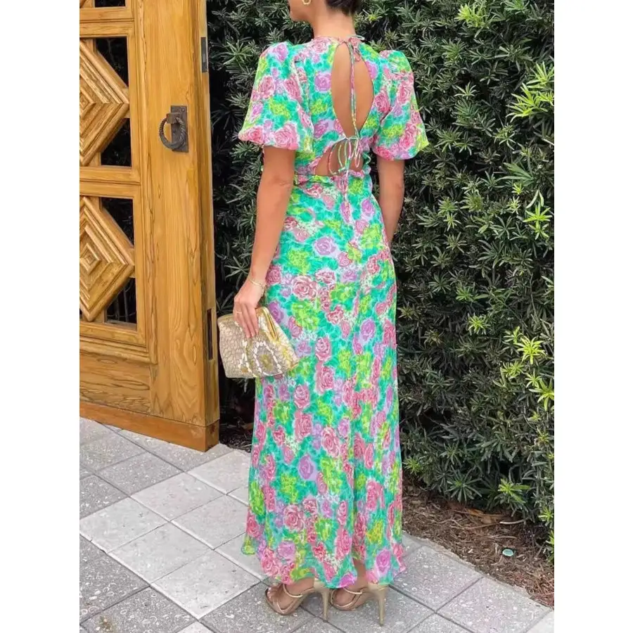 Print V-neck Puff Sleeve Midi Dress