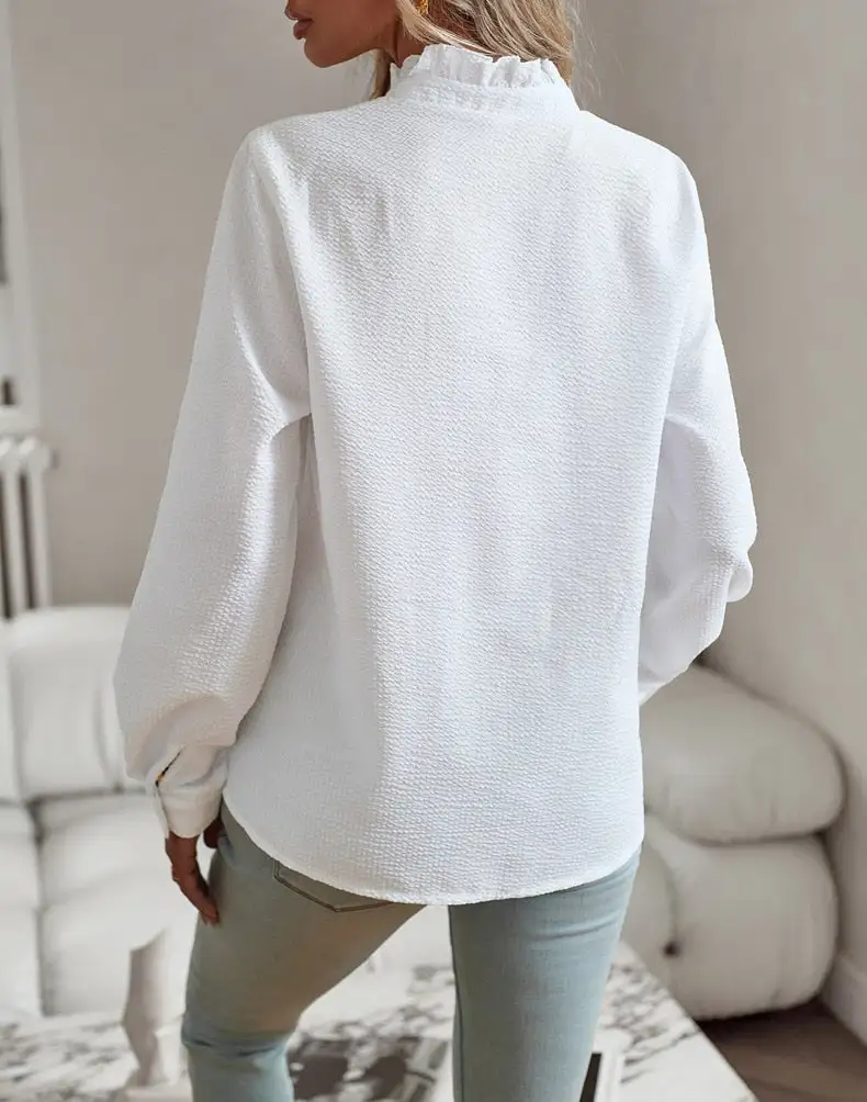 Ruffle Trim Textured Blouse Long Sleeve Button Top