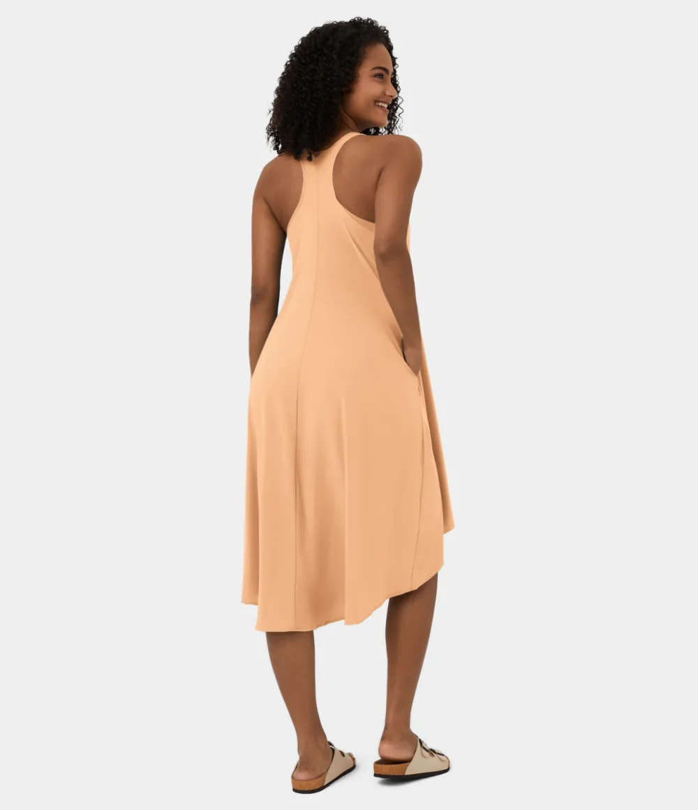 Breezeful Backless Racerback Side Pocket High Low Flowy Midi Quick Dry Casual Dress