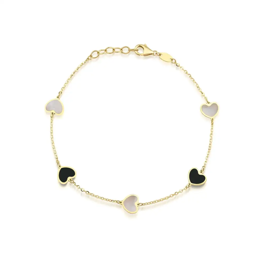 Gold Multi Station Onyx and Mother of Pearl Heart Bracelet