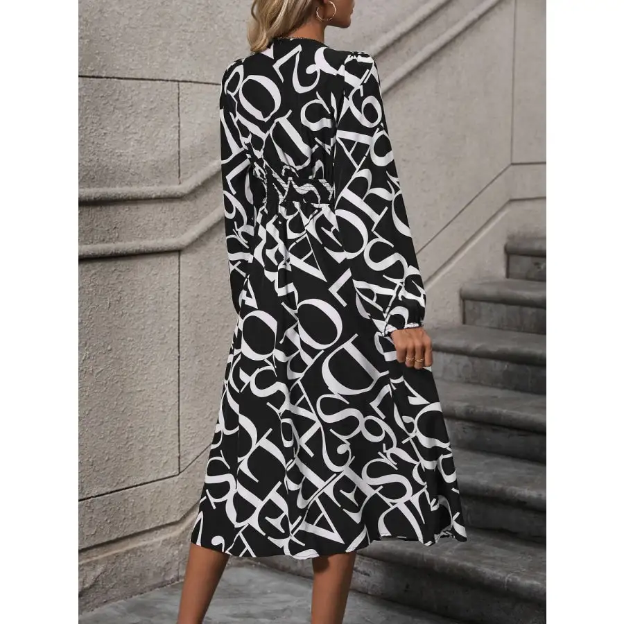 Neck V-Neck Long Sleeve Midi Dress