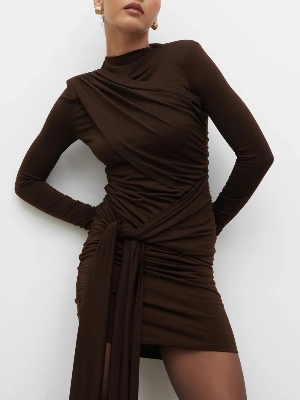 Pleated Long Sleeved Knit Elegant Mini Dress