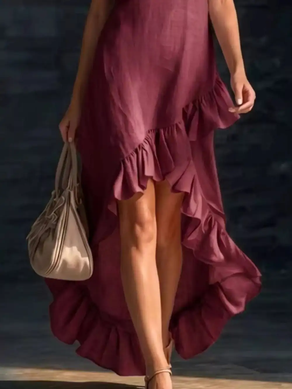 V-Neck Ruffle Hem High-Low Dress