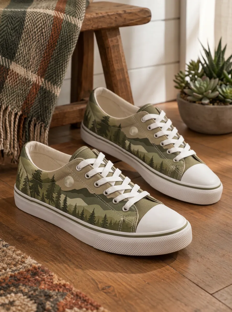 Men's Refined Nature Lover Forest Mountain Patterned Canvas Shoes