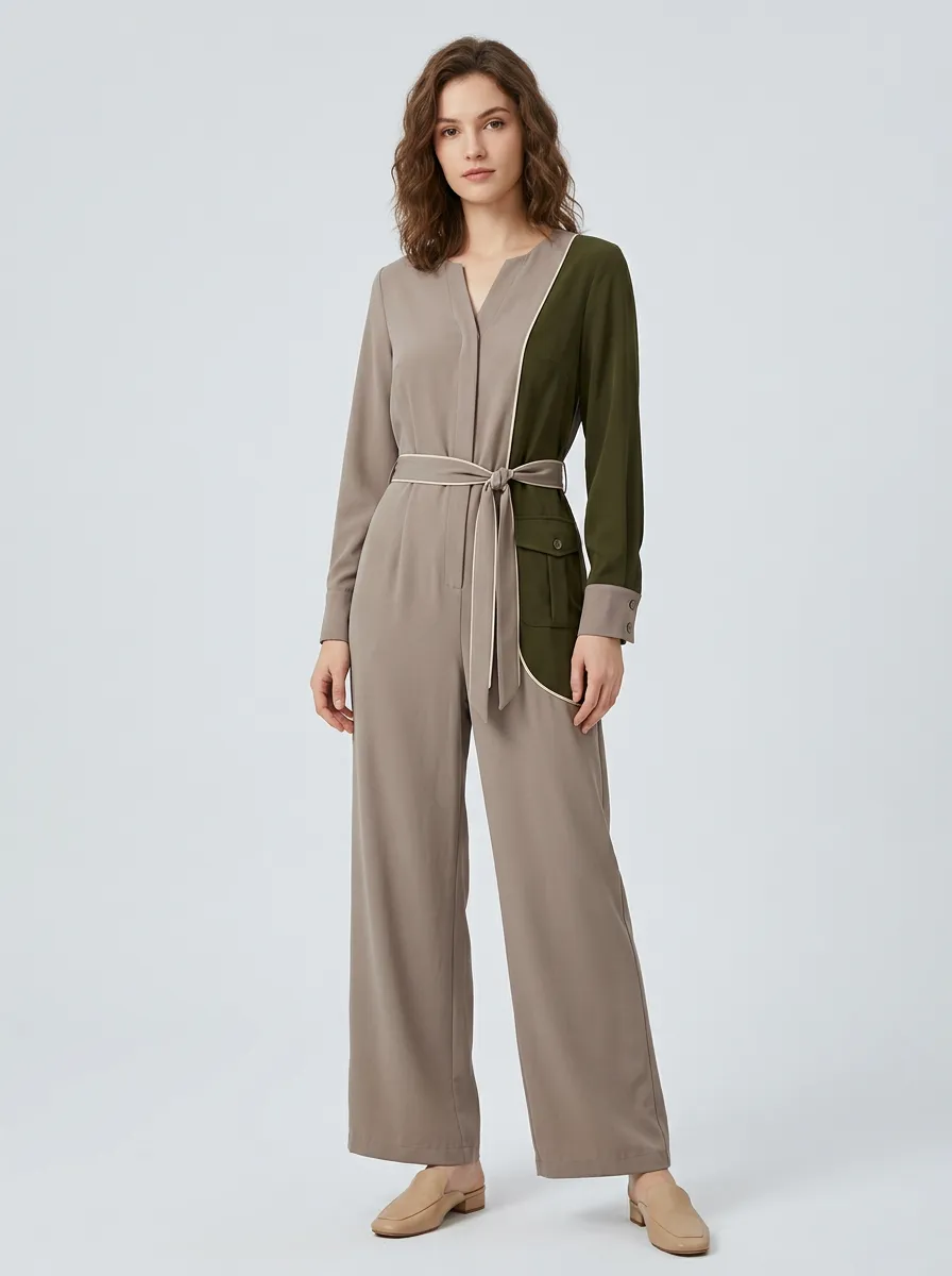 Women's Casual Elegant Olive Khaki Colorblock Belted Jumpsuit