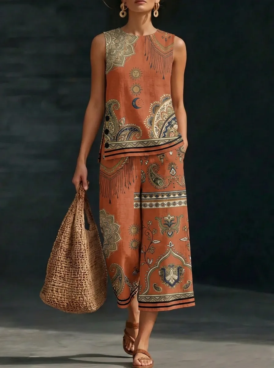 Women's Boho Sun Moon Paisley Printed Sleeveless Set