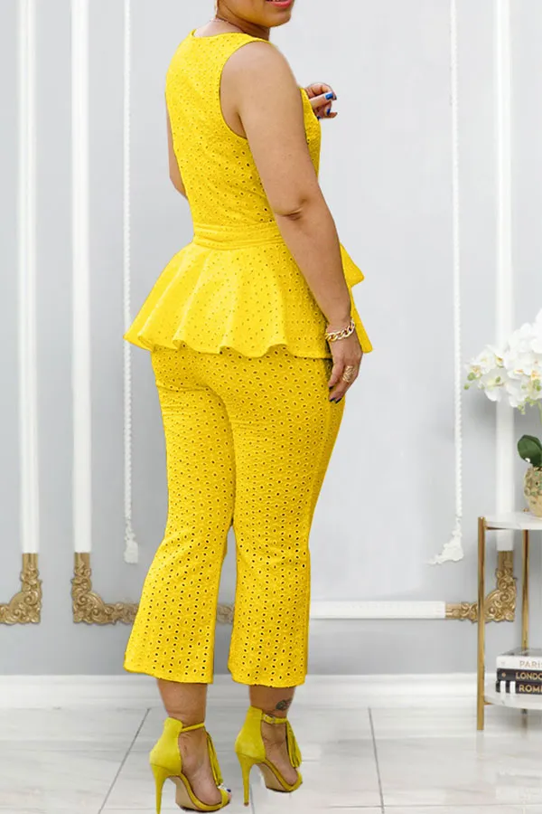 Solid Color Peplum Belted Pant Set