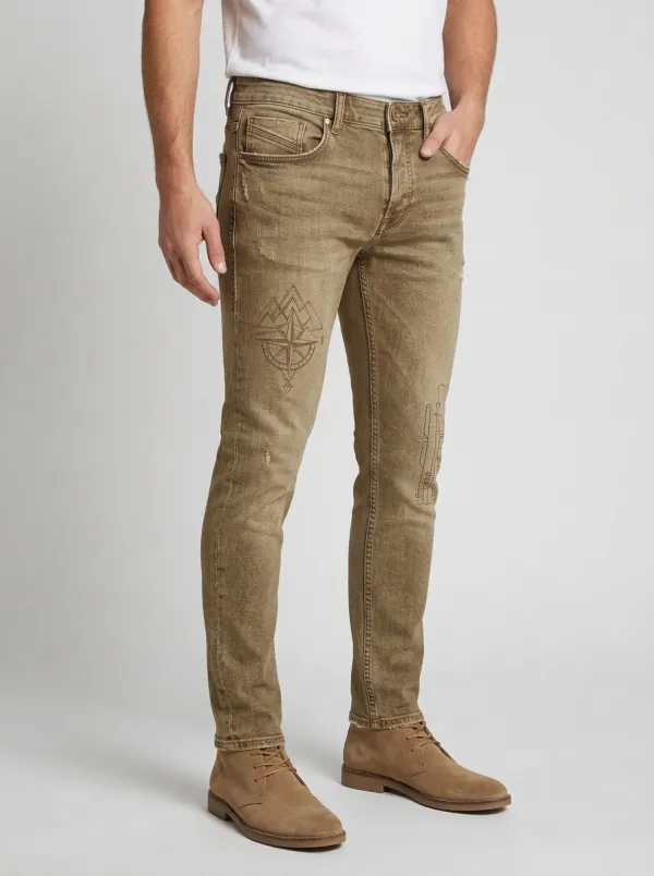 Men's Adventure Compass Mountain Printed Slim-Fit Jeans