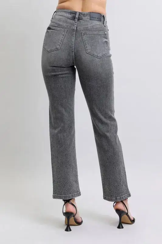 High Waist Rhinestone Straight Plus Denim Jeans