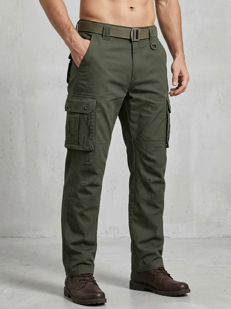Men's Olive Green Multi-Pocket Cargo Trousers
