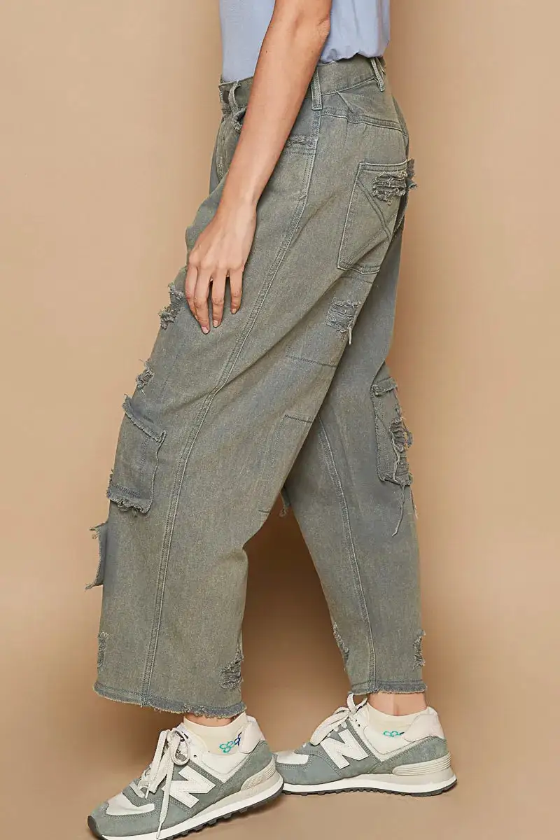Wide Leg Distressed Cropped High Waist Pants
