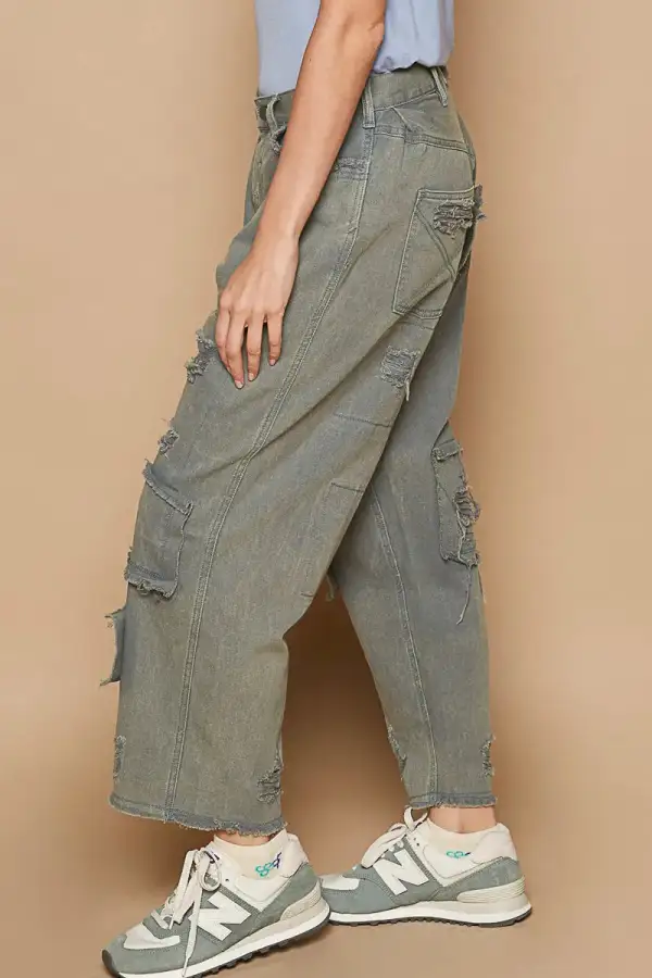 Wide Leg Distressed Cropped High Waist Pants