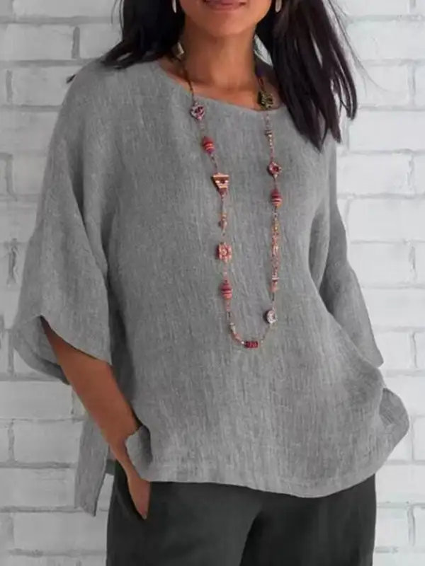 Linen Three Quarter Sleeves Panel Detail Side Slit Round Neck T-Shirt