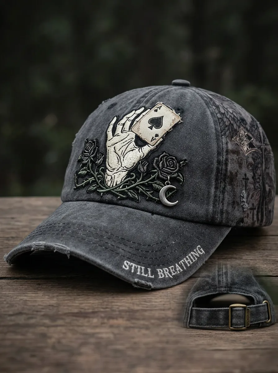 Arcane Rose Moon Embroidered Gothic Edit Unisex Gothic Baseball Cap