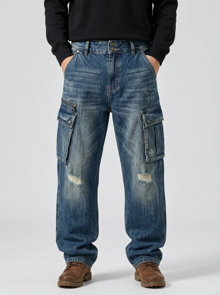 Men's Ridge Streetwear Distressed Denim Multi-Pocket Cargo Jeans