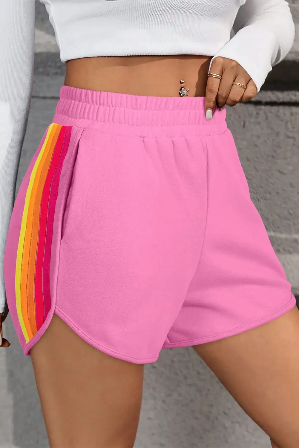 Elastic-Waist Color Block Stripes Elastic High Waist Active Shorts