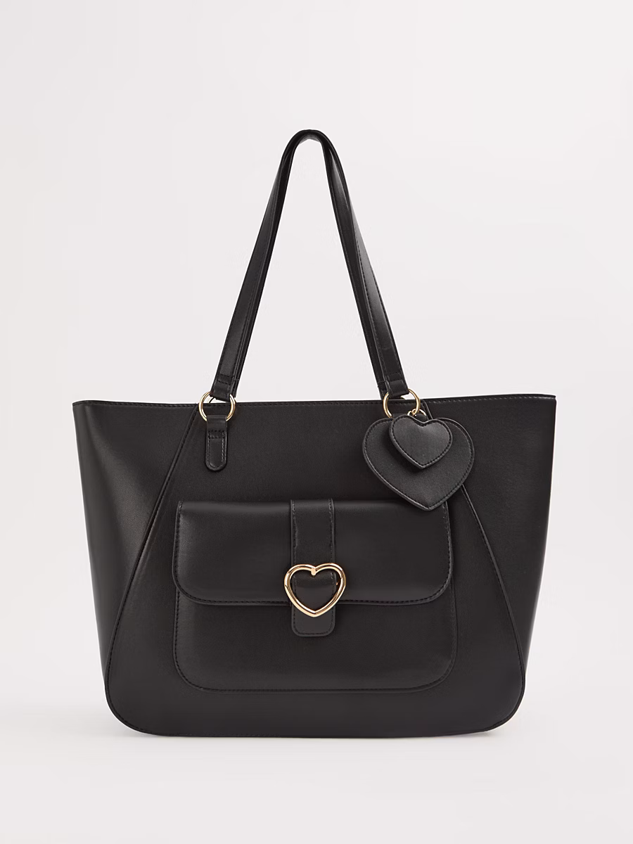 Black Heart Buckle Leather Look Tote Bag with Pencil Case detail 1