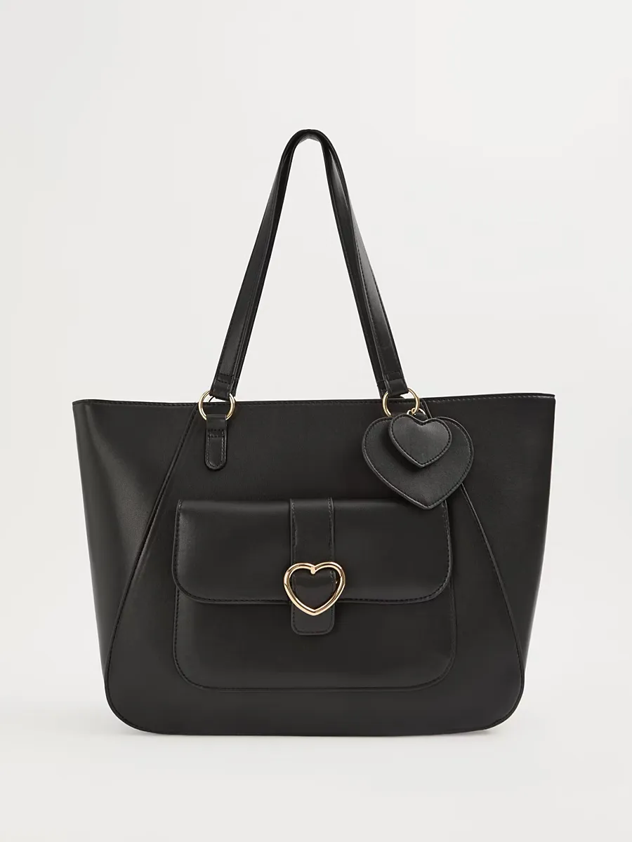 Black Heart Buckle Leather Look Tote Bag with Pencil Case