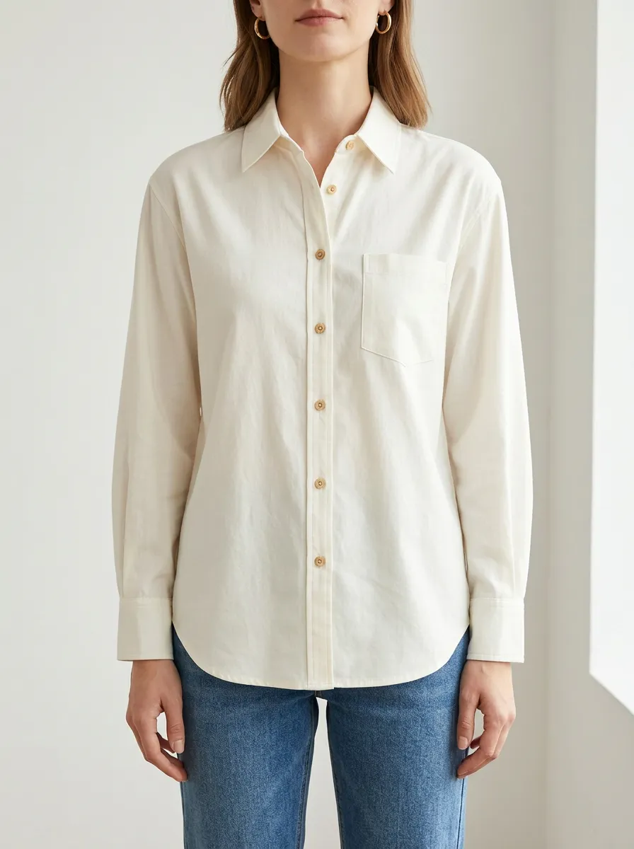 Women's Casual Minimalist Solid Cream Button-Down Shirt