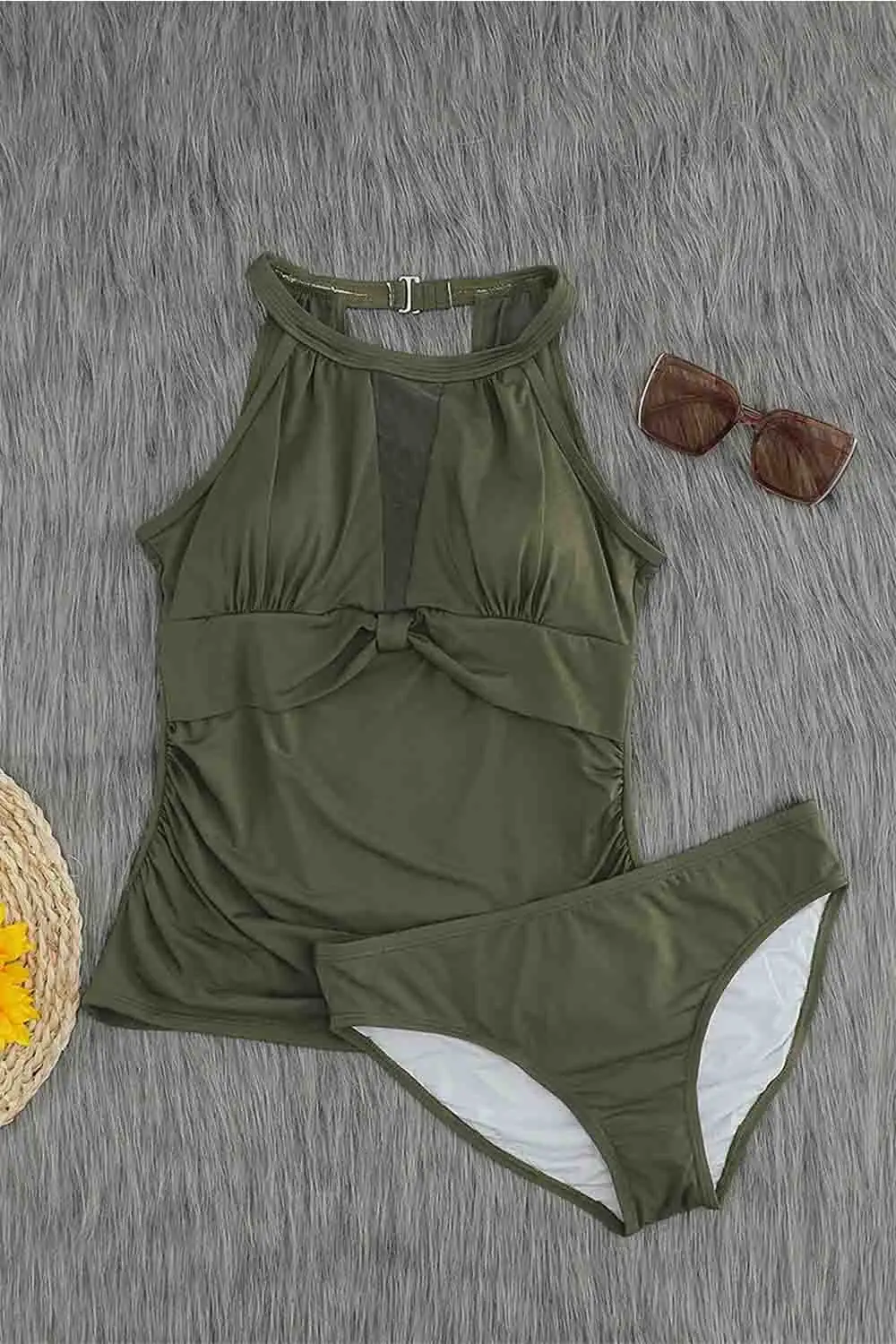 High Neck Plunge Mesh Ruched Tankini Swimwear