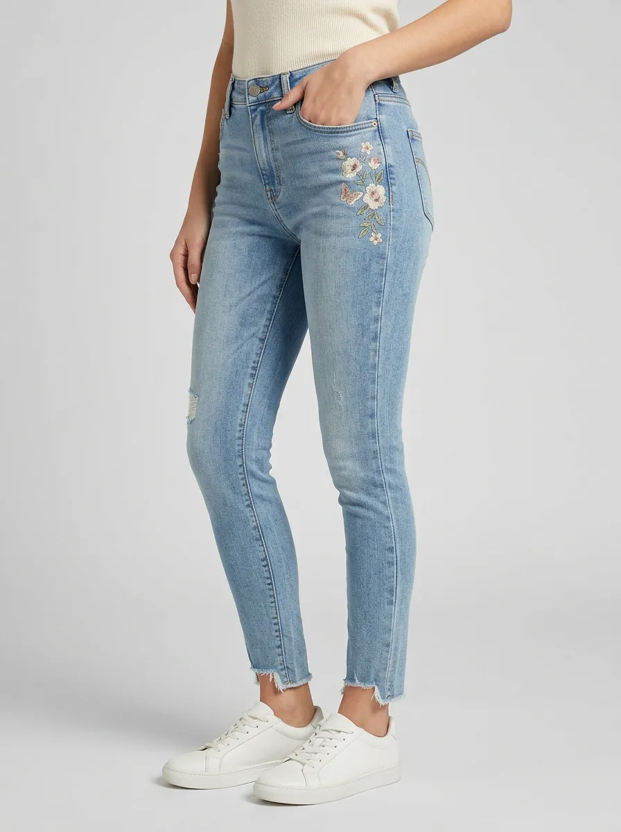 Women's Floral Butterfly Embroidered Distressed Slim Jeans