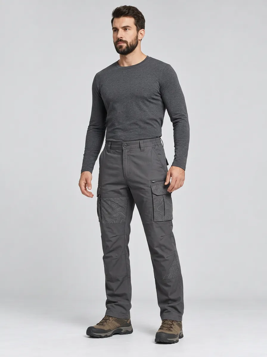 Men's Charcoal Grey Topographic Multi-Pocket Reinforced Knee Zip Thigh Pocket Partial Elastic Waist Tactical Cargo Pants