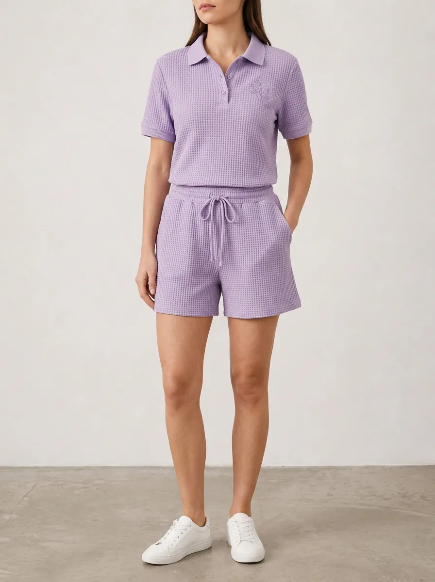 Women's Lavender Waffle Knit Embroidered Polo Shirt