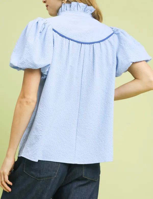 Textured Puff Sleeve Blouse With Contrast Trim