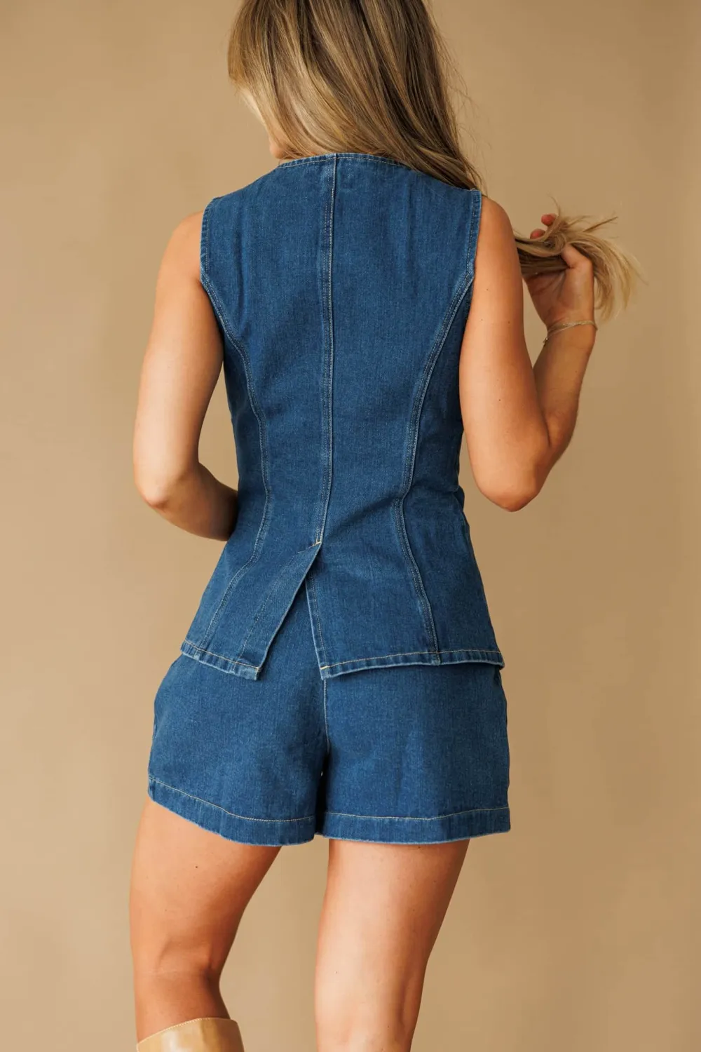 Cotton High Waist Pleated Denim Shorts