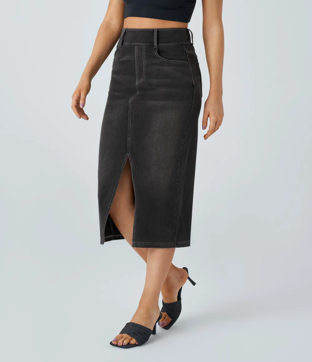 Magic High Waisted Multiple Pockets Bodycon Split Washed Stretchy Knit Denim Casual Midi Skirt
