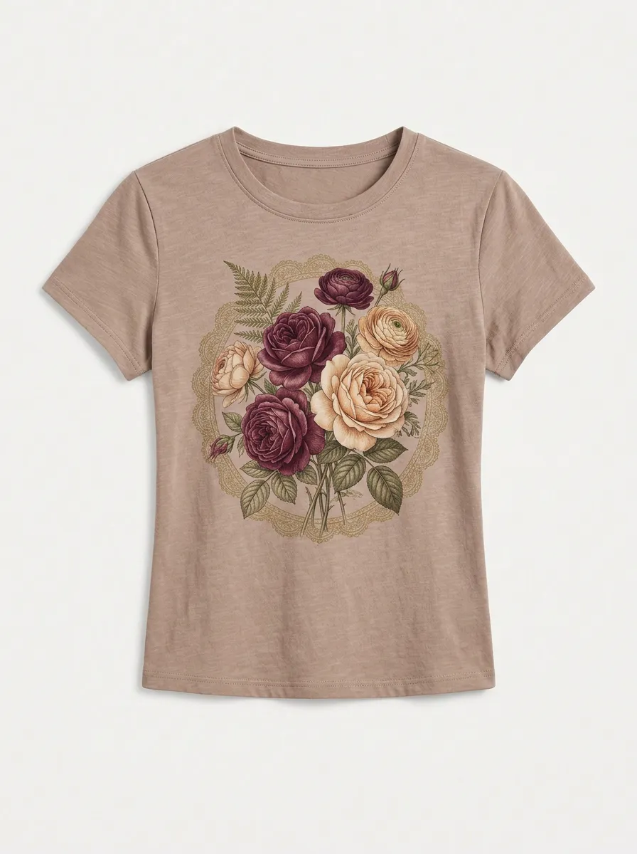 Women's Botanical Floral Rose Lace Printed T-shirt