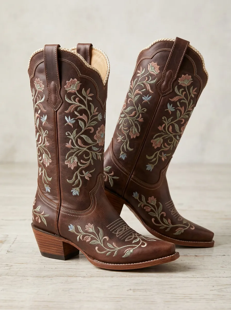 Frontier Floral Embroidered Leather-Look Look Unisex Western Cowboy Boots